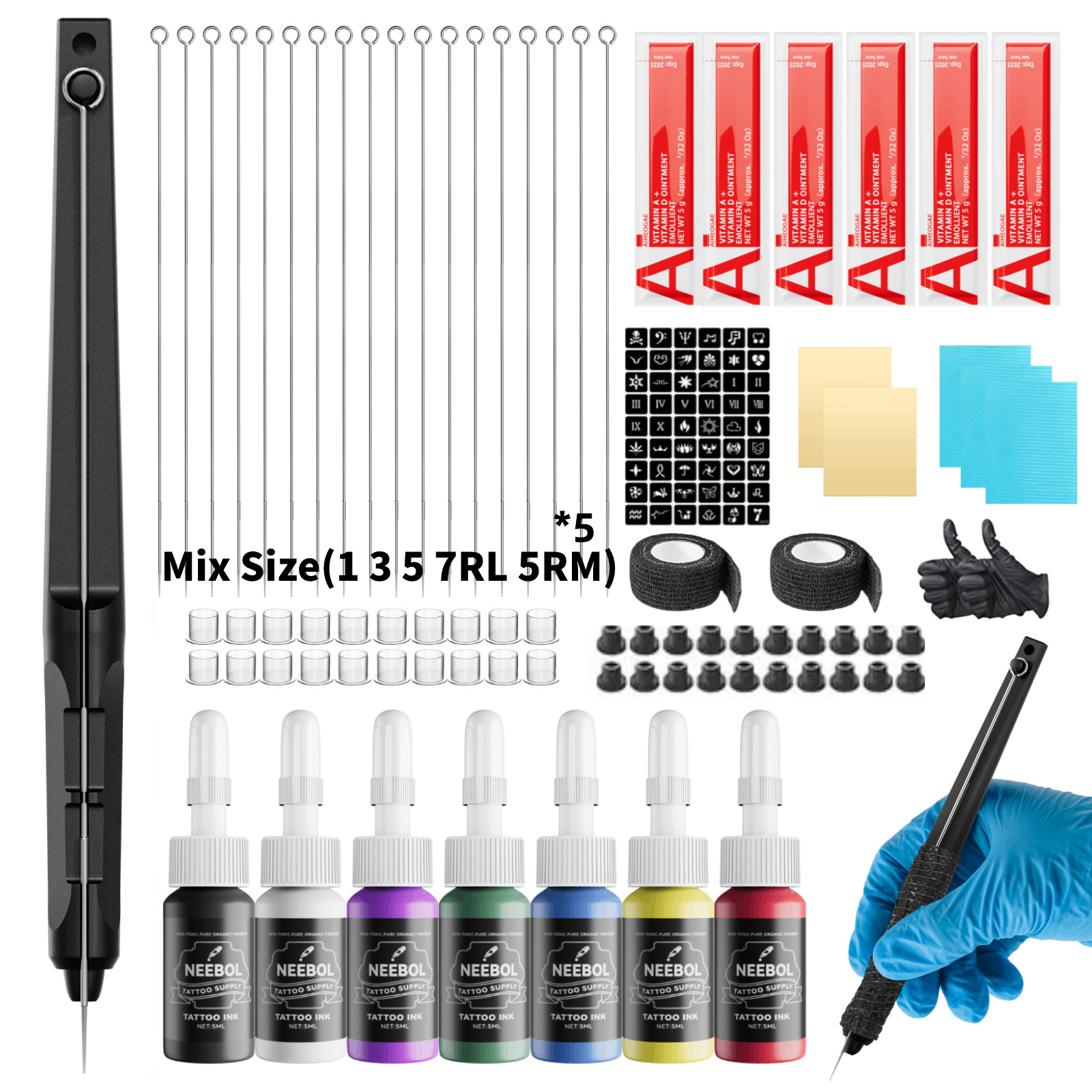 Hand Poke and StickTattoo Pen Kit Poke a Stick Tattoo Hand with 7 Ink 25 Needles