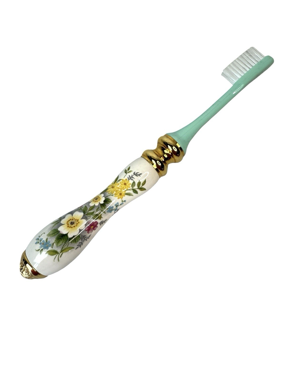 Toothbrush Ceramic Floral & Gold Handle Beau Monde Bathroom Decor Retro VTG