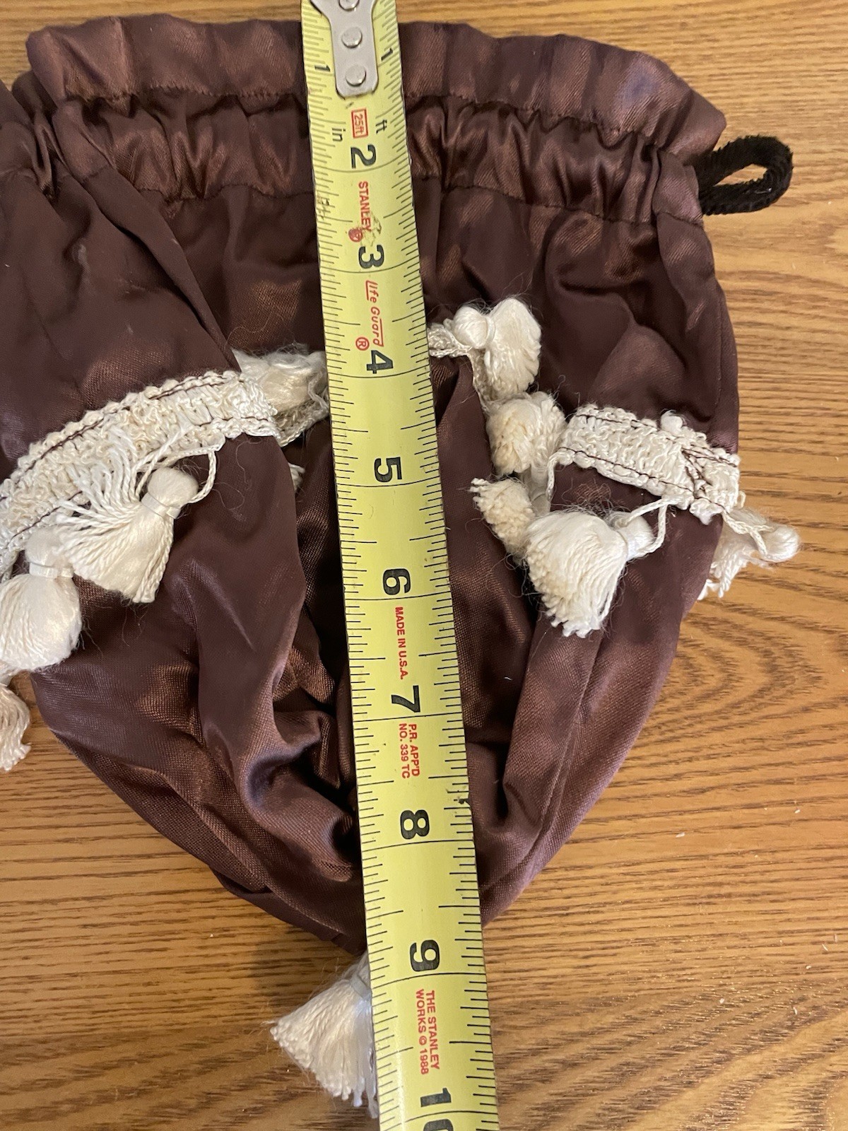 Ladies Victorian Style Brown Fabric Drawstring Purse Bag with Tassel Trim