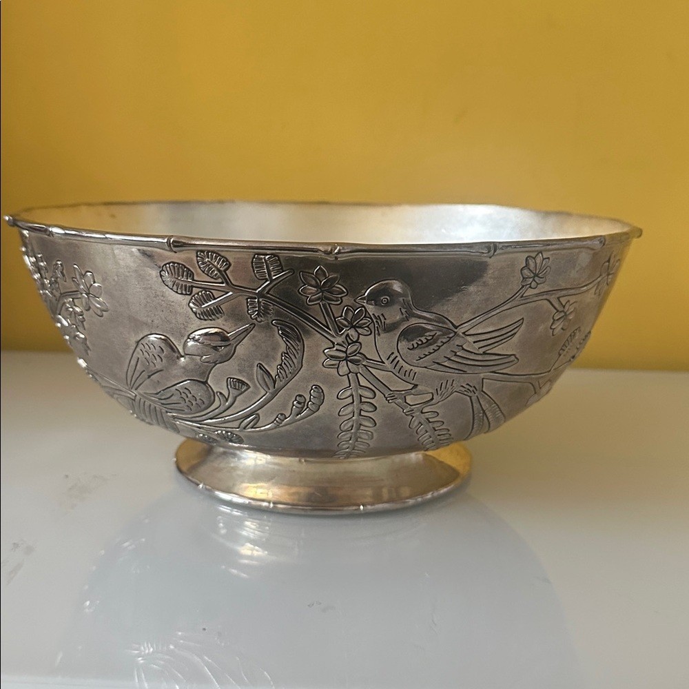 Godinger Silver Plate Decorative Large Fruit Bowl with Flower and Bird Design
