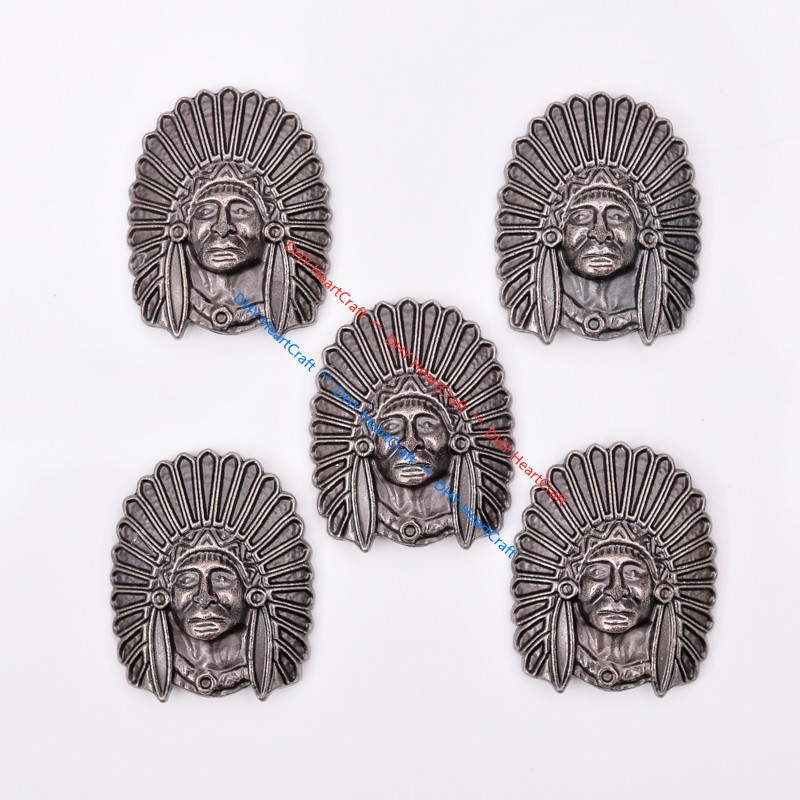 5PC Big 1-1/2'' Solid Ethnic Indian Head Chief CONCHO Screw Back Antique Silver