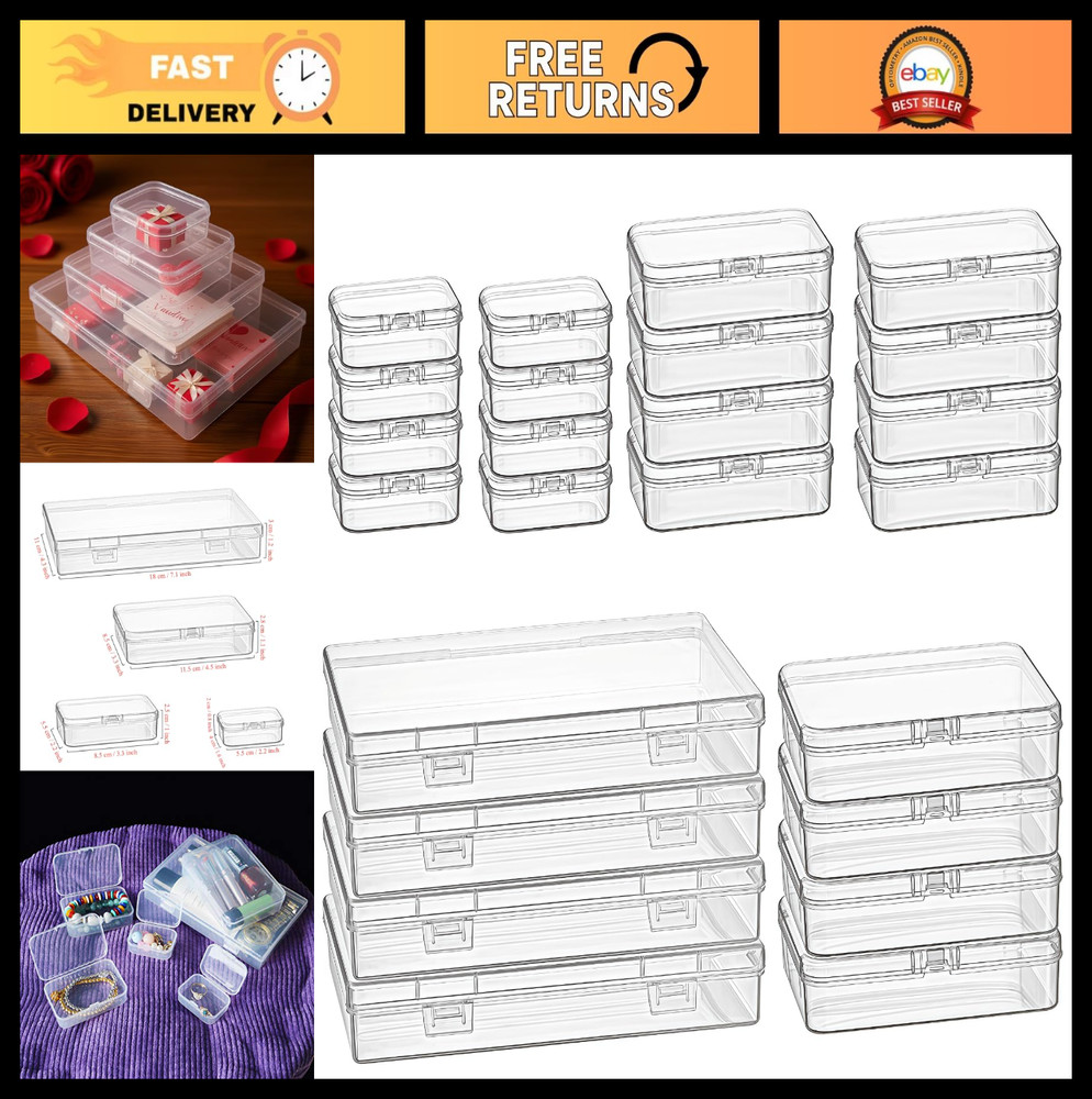 24-Piece Clear Plastic Storage Box Set - Mini Rectangular Organizer with Hinged