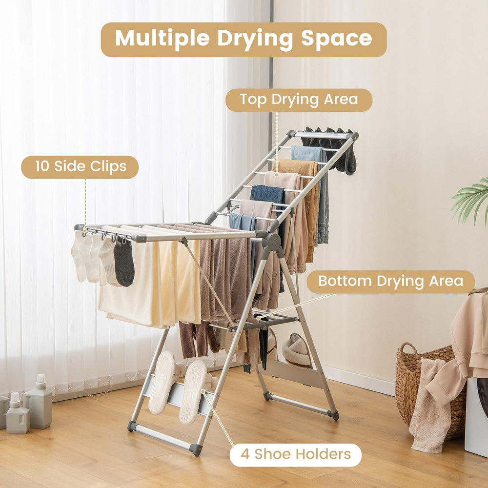 Space-Saving Collapsible 2-Layer Aluminum Drying Rack with Adjustable Wings