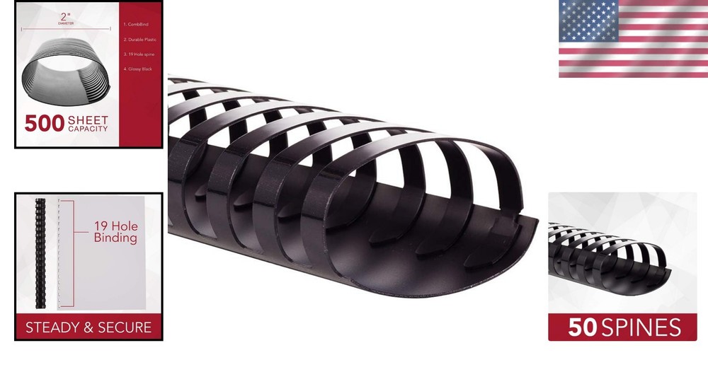 Sleek CombBind 2" Plastic Binding Spines - 500 Sheet Capacity, Black, 50 Count