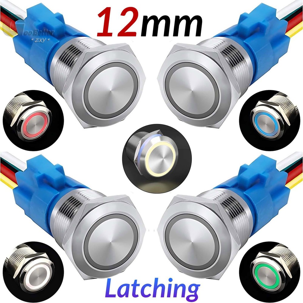 12mm LED ON OFF Waterproof Stainless Steel Latching Push Button Ring Switch