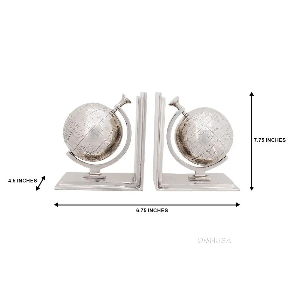 Aluminum Globe Bookends Set 2 World Map Study Library Desk Decor