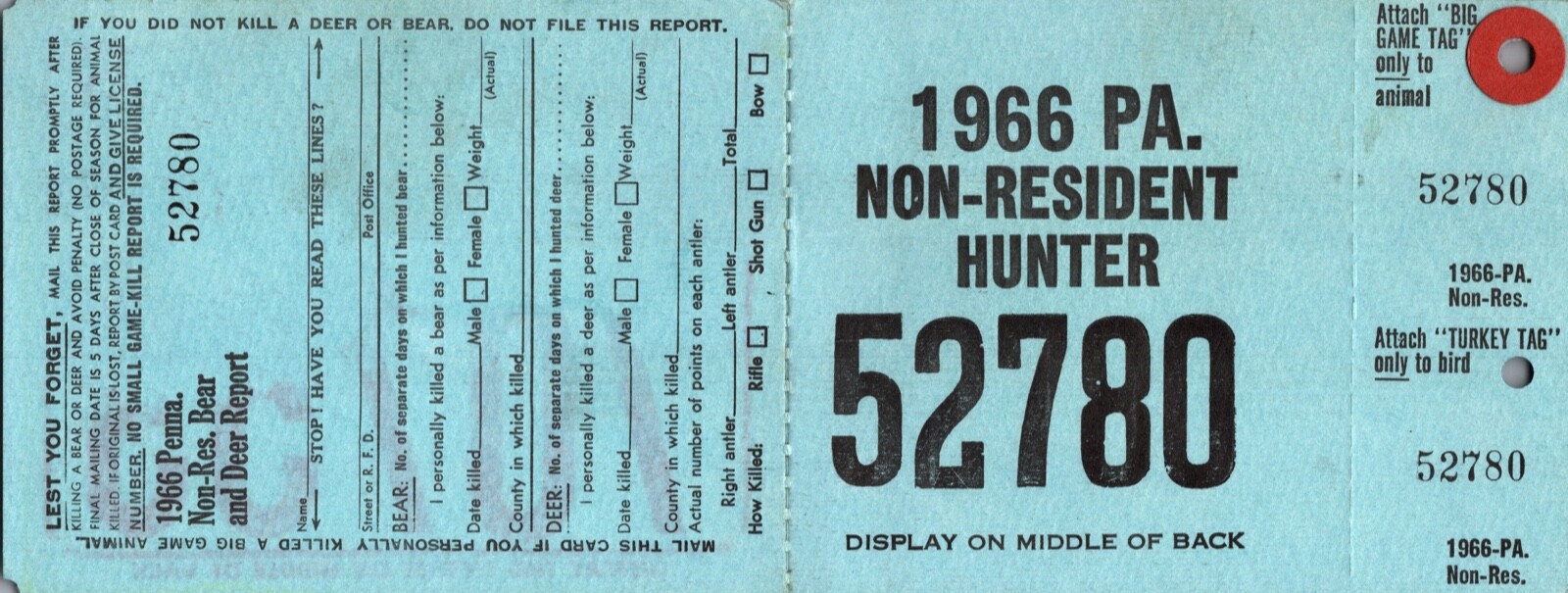 Hunting License Turkey Tag, Big Game tag 1965 Pennsylvania