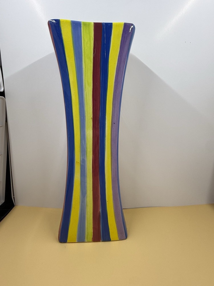 Pacific Rim Handpainted Colorful Striped Ceramic Tall Flared Rectangular Vase