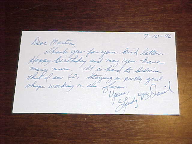 1996 Lindy McDaniel Autographed Signed Handwritten Index Card