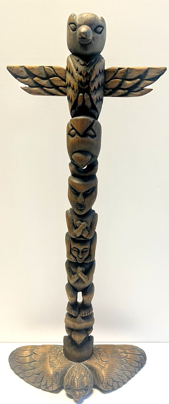 Antique Native American Indian Hand Carved Wooden Eagle Totem Pole; Large 24"