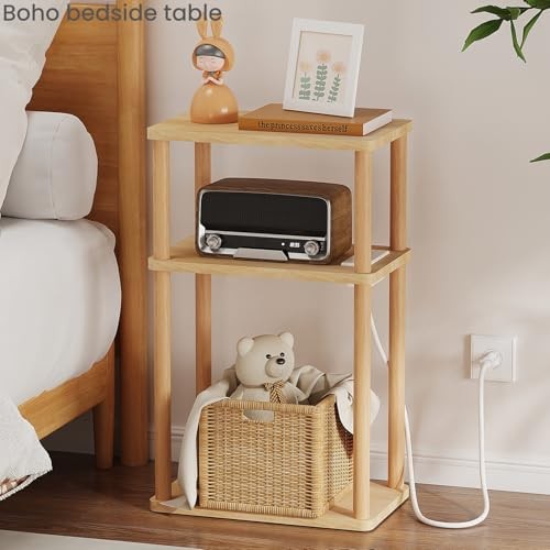 Solid Wood Side Table with Charging Station, 3-Tier Small End Table Natural