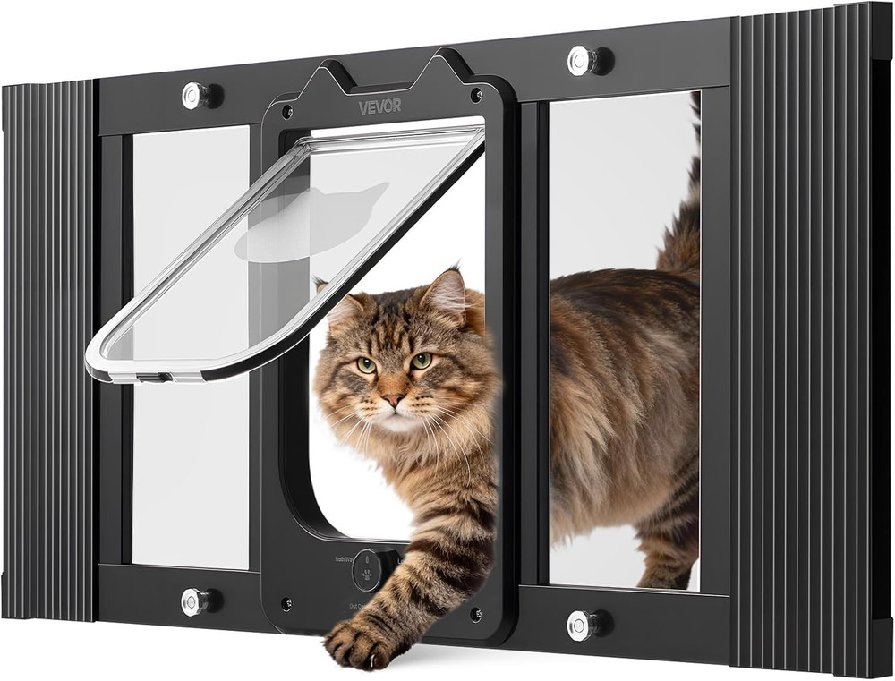 Cat Door for Window, Adjustable to Fit Window Width 27"-32", 4 Secure Lock Modes