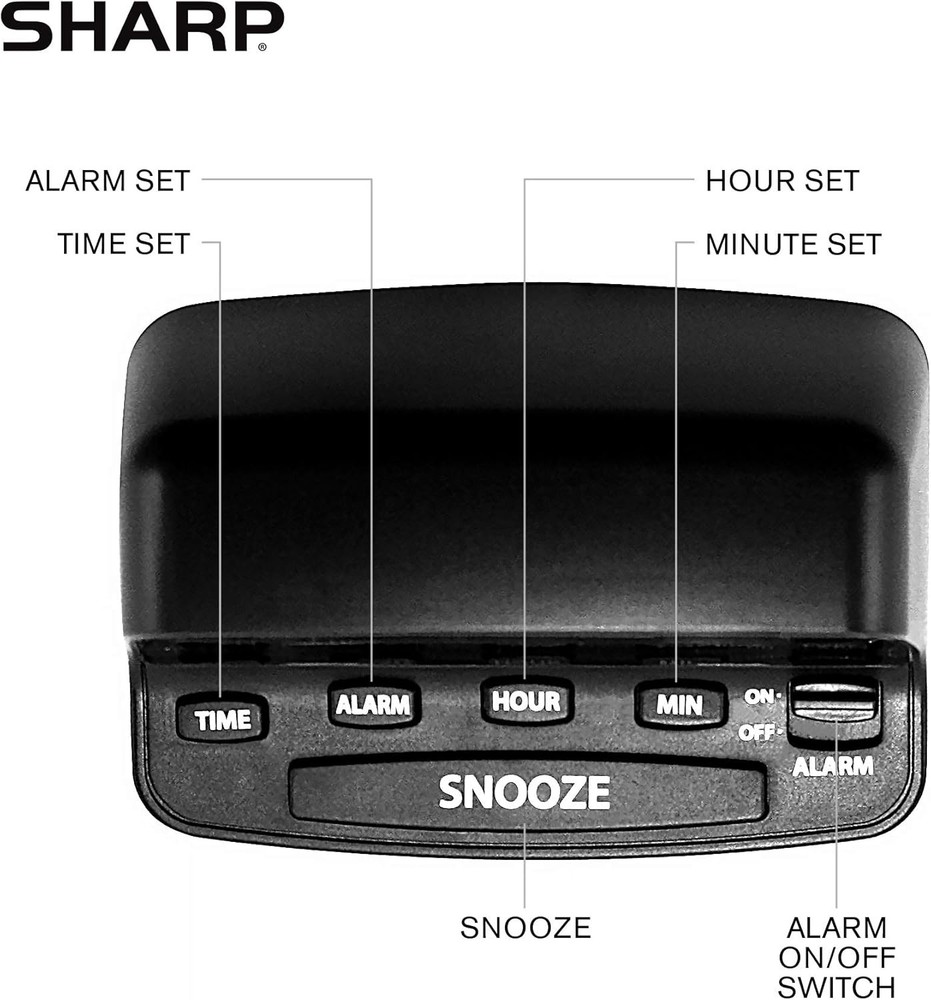 Sharp Digital Alarm Clock with Keyboard Style Controls, Battery Black