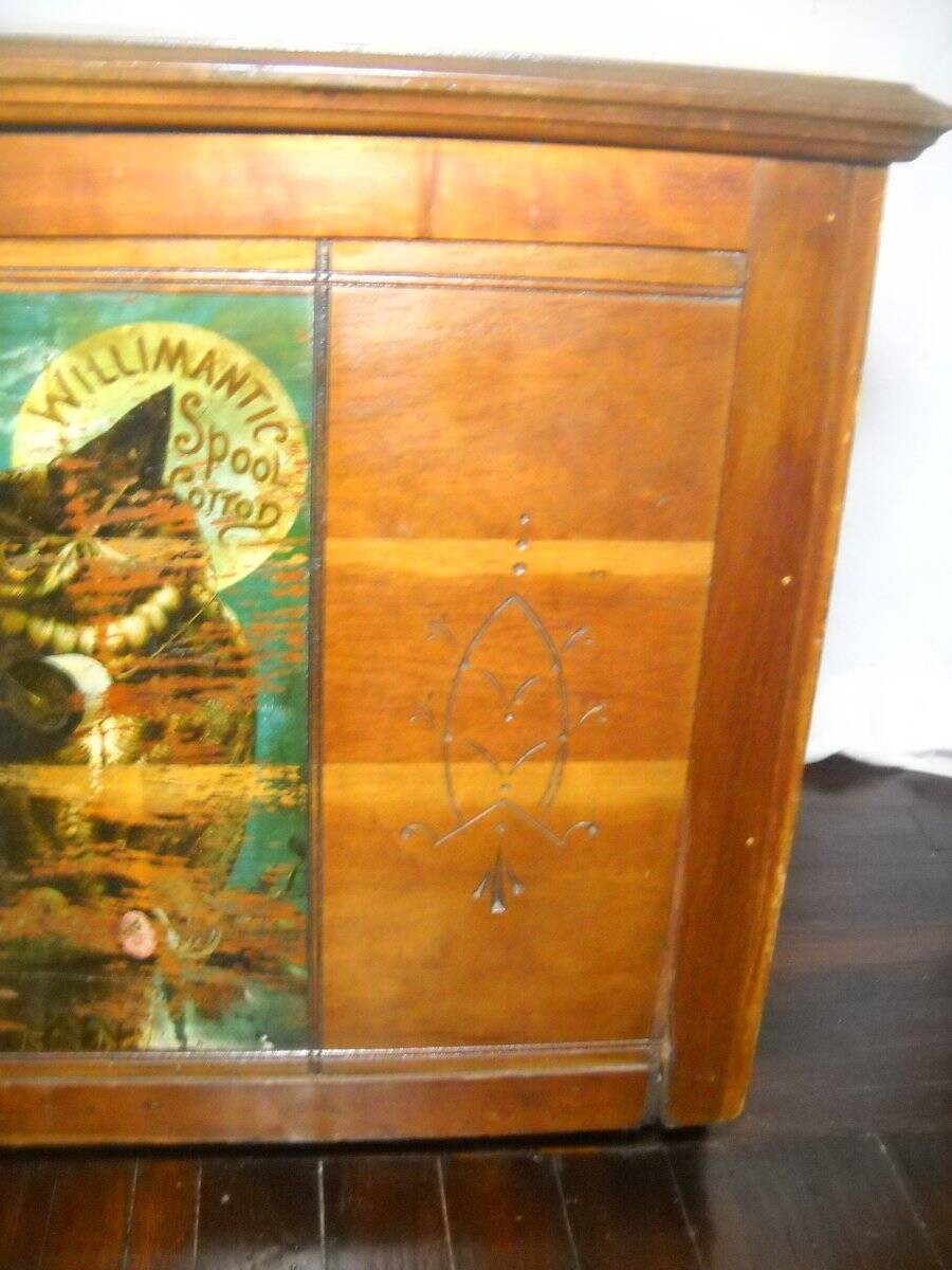 1890 Willimantic 6 Drawer Spool Cabinet Cherry & Birdseye Maple Owl Logo Decal