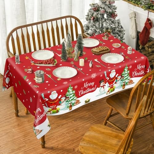 3PCS Christmas Tablecloth Rectangular Plastic Christmas Tablecloth, Winter Red