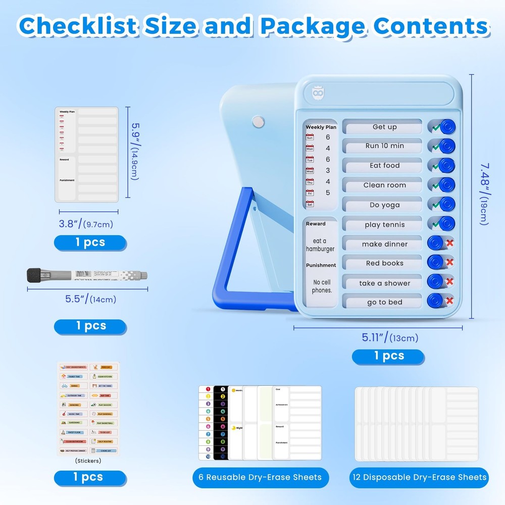 Chore Chart for Kids, Magnetic Board ADHD Tools Blue