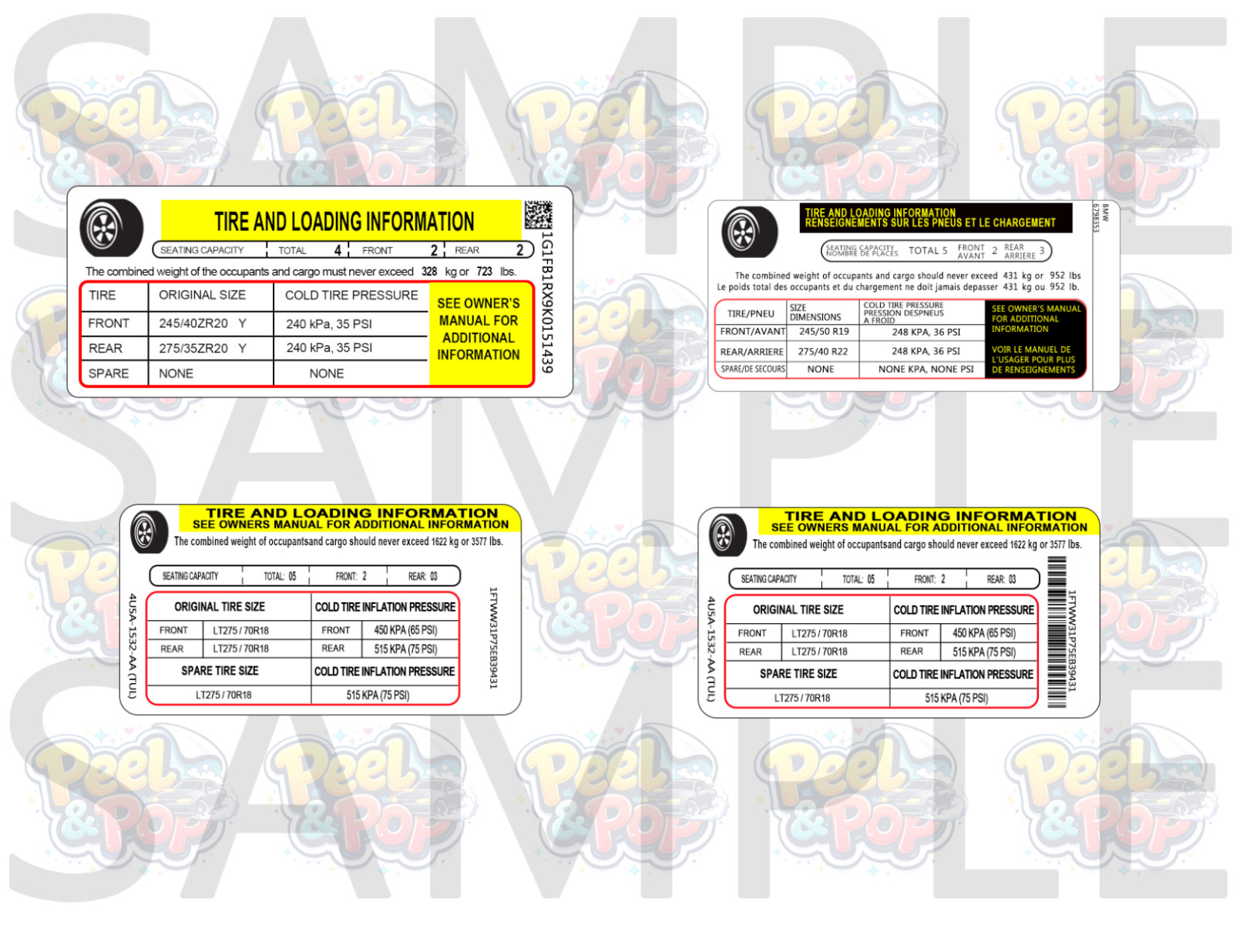 Vin Label Replacement Sticker Tire Pressure Replica All Makes and Model SET OF 3