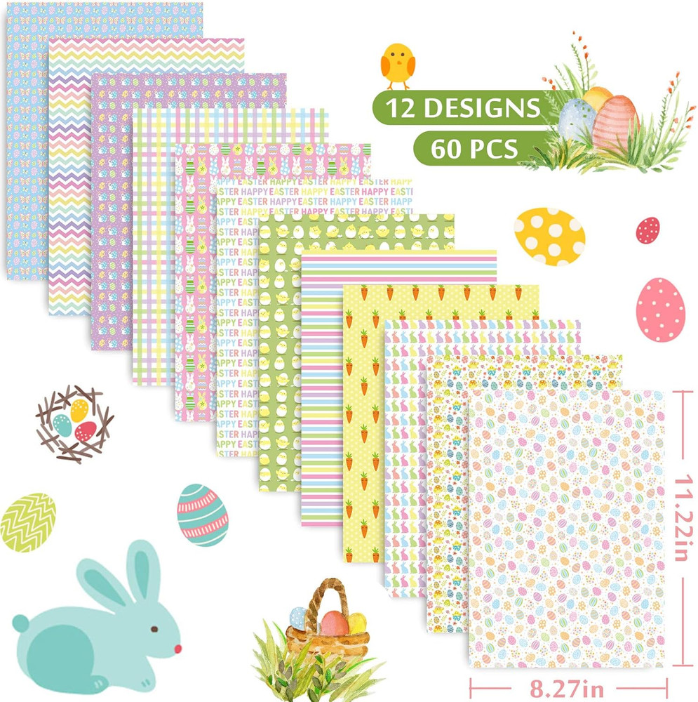 60 Sheet Double-Sided Easter Pattern Paper Set A4 Size 12 Designs Easter Spring