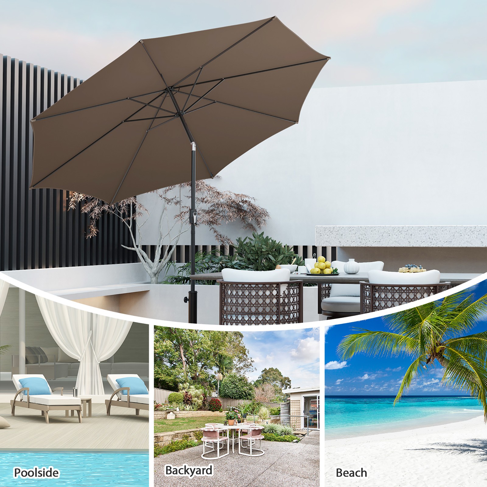 10FT Solar Patio Umbrella 112 LED Lighted Umbrella Table Market Umbrella Coffee