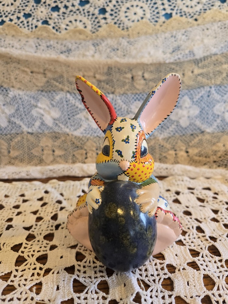 Vintage Hand Painted Ceramic Mold Easter Bunny Rabbit Patchwork 1977 6.5"