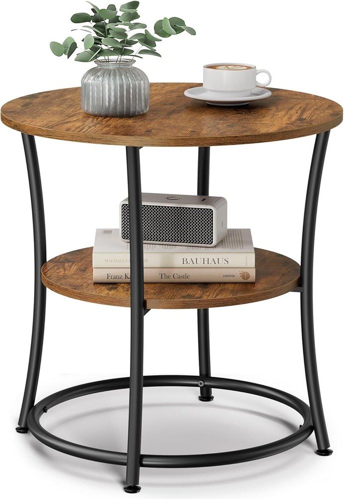 Side table, round side table with 2 storage shelves, nightstand with steel frame