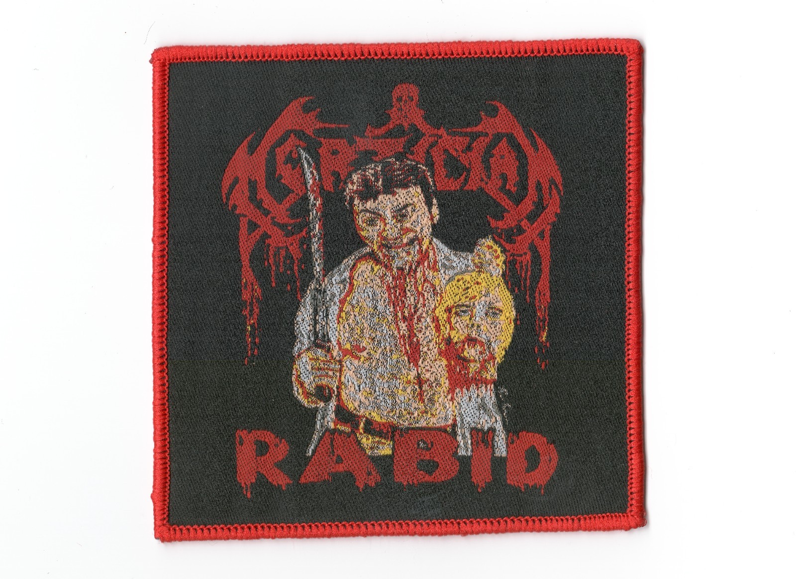 MORTICIAN, RABID ,SEW ON RED BORDER WOVEN PATCH