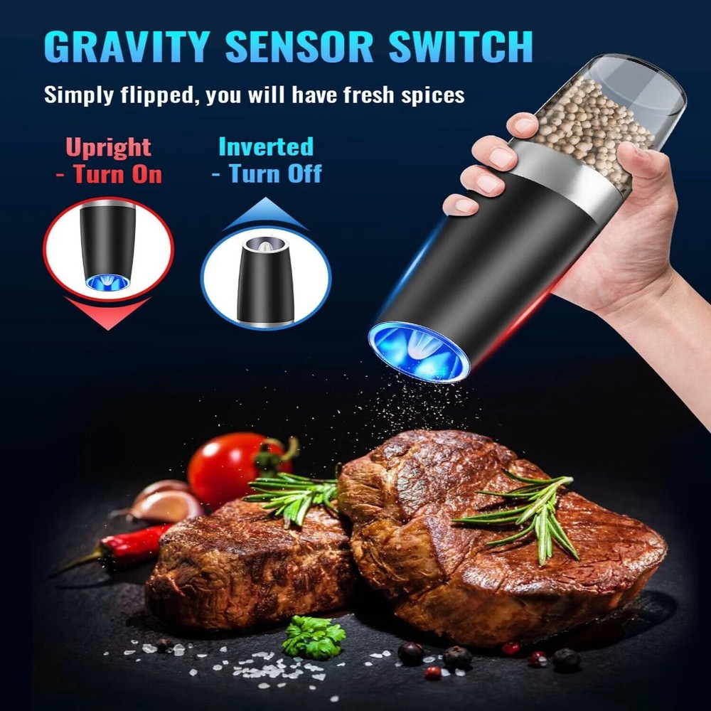 2Pcs Electric Salt and Pepper Grinder Set, Gravity Sensor, Automatic Pepper Mill