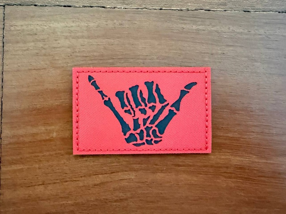 Skeleton Shaka Hand Gesture, Red Design Morale Badge - Russian Tactical Patch