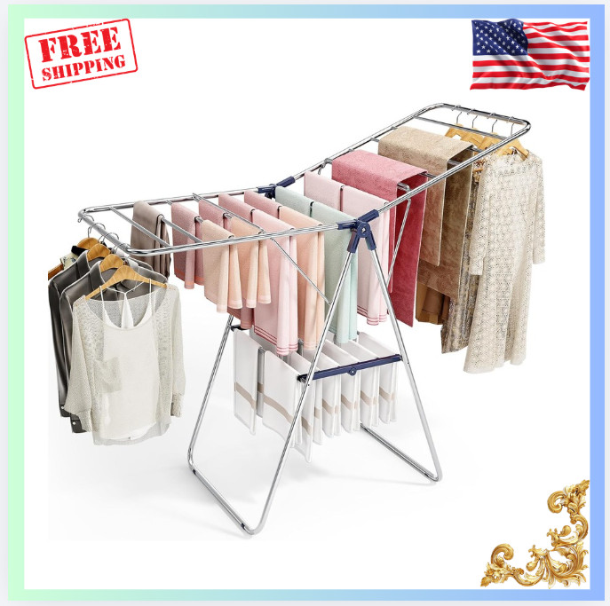 Clothes Drying Rack, Height-Adjustable, Foldable Gullwings Laundry Drying Rack