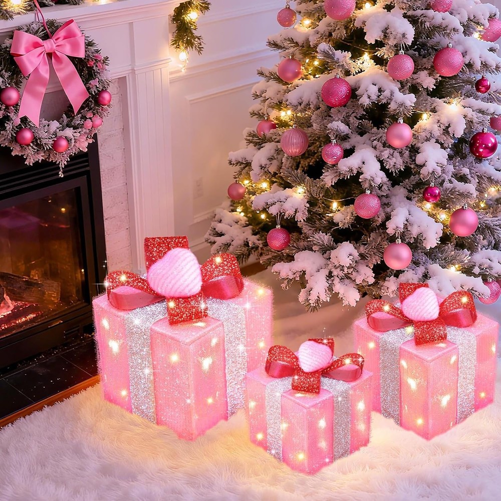 Timer & 8 Mode 3 Pack Valentines Decorations Pink Valentines Lighted Gift Boxes