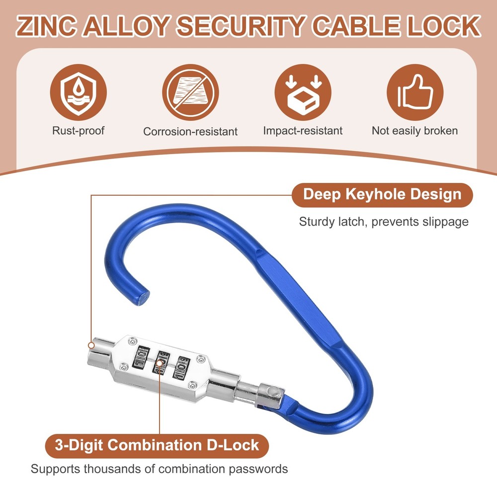 2 Pcs 3.8" x 1.8" D-Shaped 3-Digit Code Combination Lock D-Ring Clip, Blue