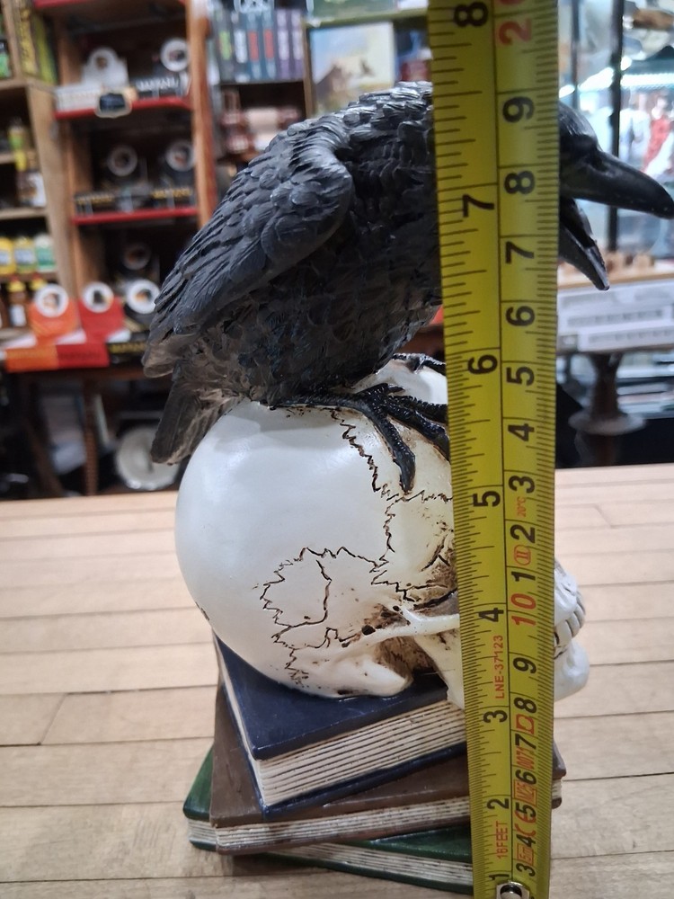 Raven Perched on Skull Gothic Book Stack Figurine