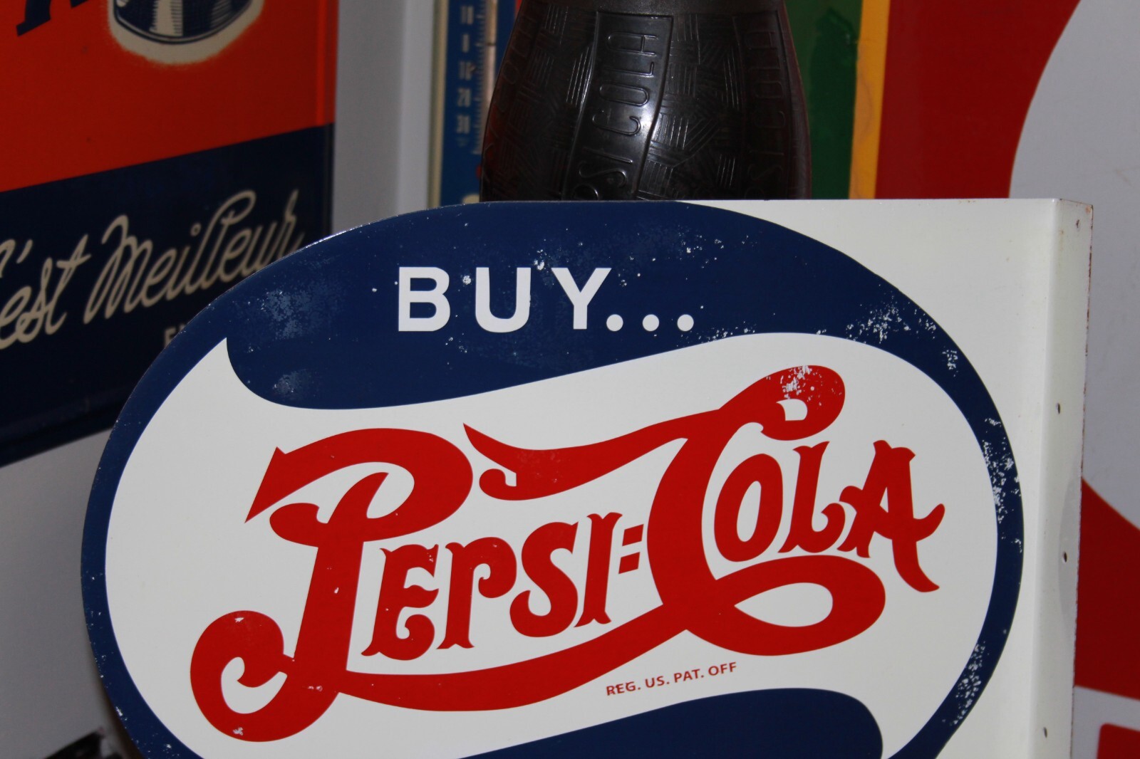 SCARCE 1944 PEPSI COLA SODA POP 2-SIDED PAINTED METAL FLANGE DEALER SIGN COKE