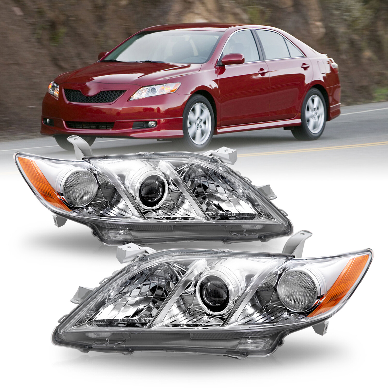 Headlights for 2007 2008 2009 Toyota Camry Chrome Amber Projector LH+RH Pairs