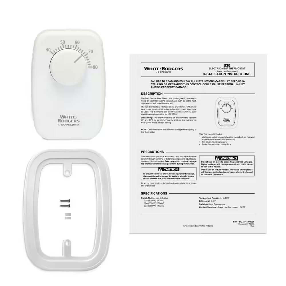 White-Rodgers B30 Baseboard Non-Programmable Thermostat - Single Pole