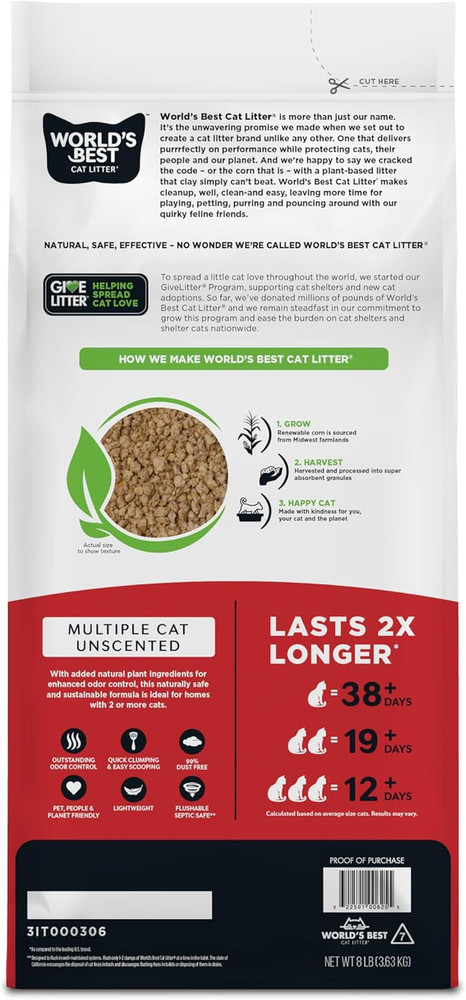 Multiple Cat Unscented, 8-Pounds - Natural Ingredients, Quick Clumping, Flushabl
