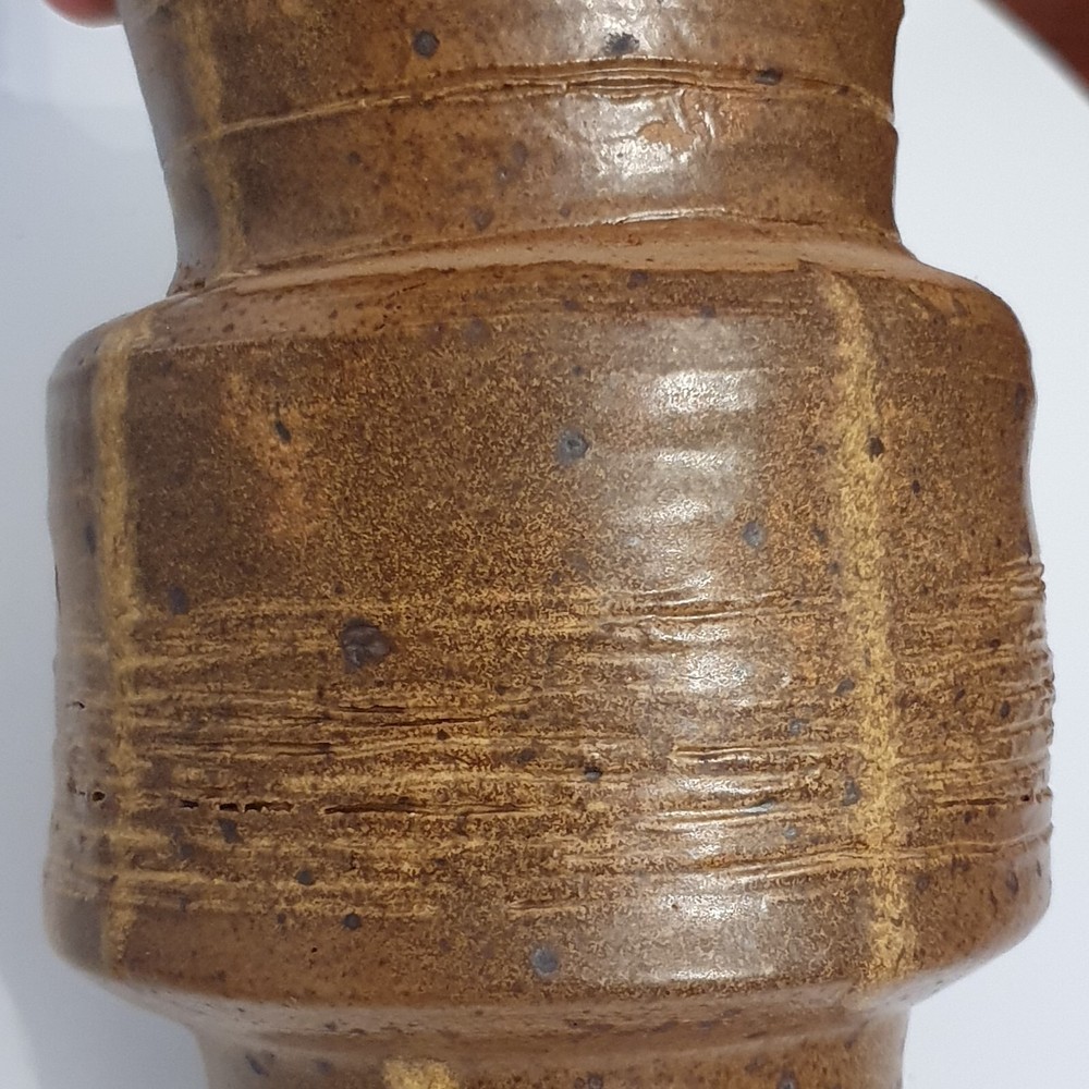 Vintage MCM Earthenware Covered Jar Ash Glaze Threaded 6.5"H Signed