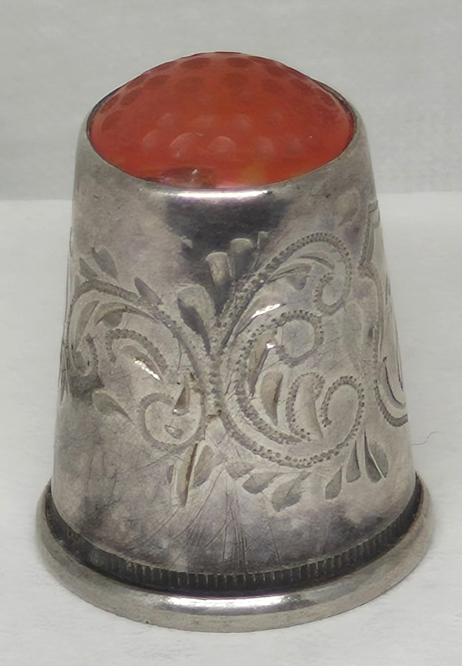 Antique Silverplate Engraved Red Stone Top Thimble with Initials Y. W.