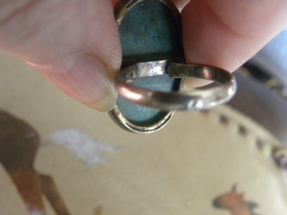 KINGMAN TURQUOISE STERLING SILVER RING SIZE 8-1/2 SIGNED "B"