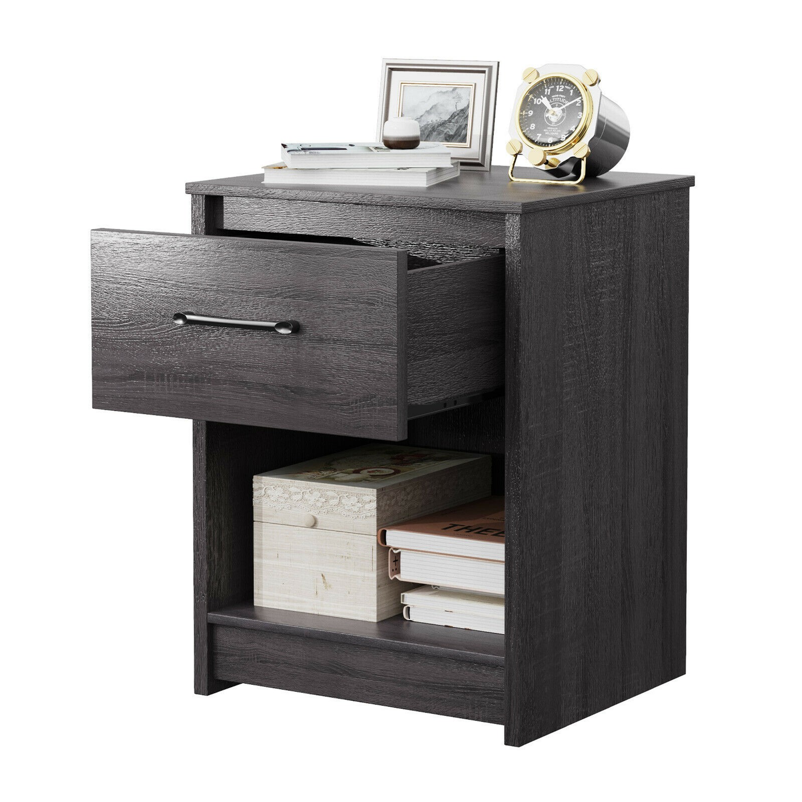 Nightstand with Drawer Storage Shelf Wooden End Side Table Bedroom Black