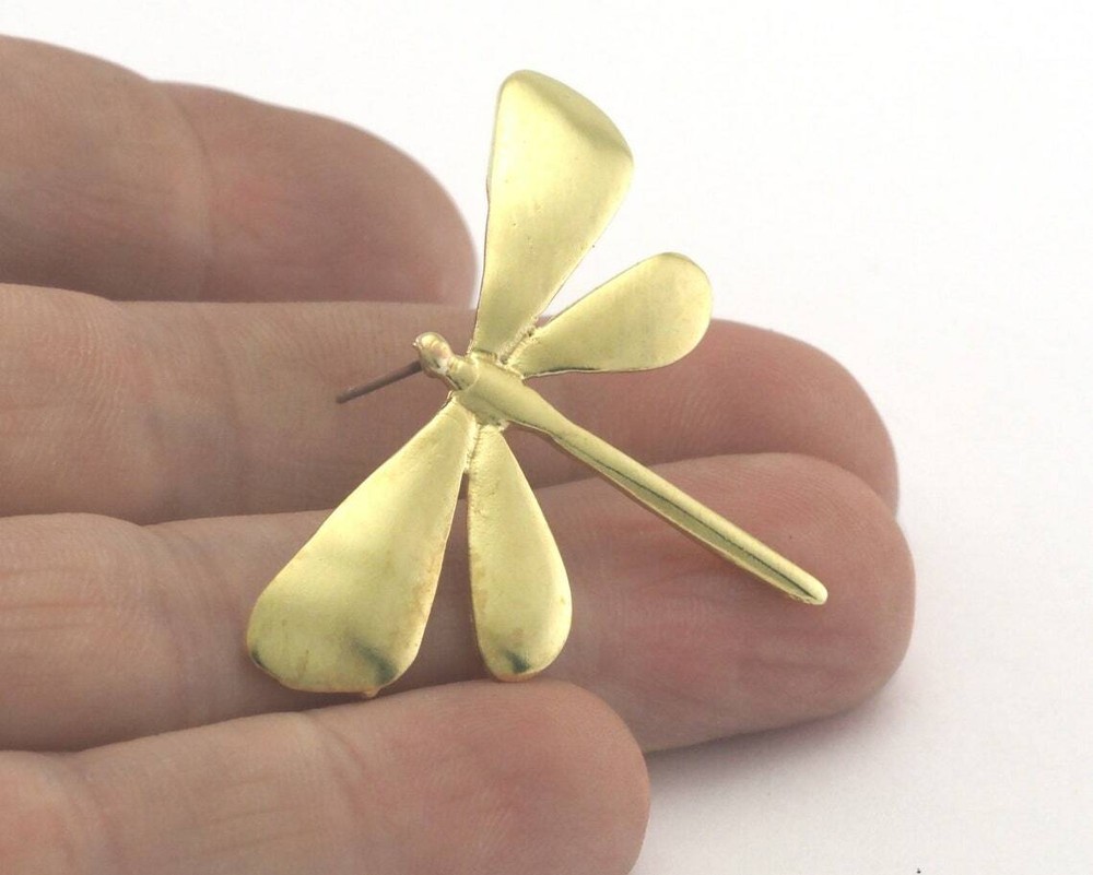 1 pair Dragonfly earring post stud wire base Raw brass 43x30mm 4369