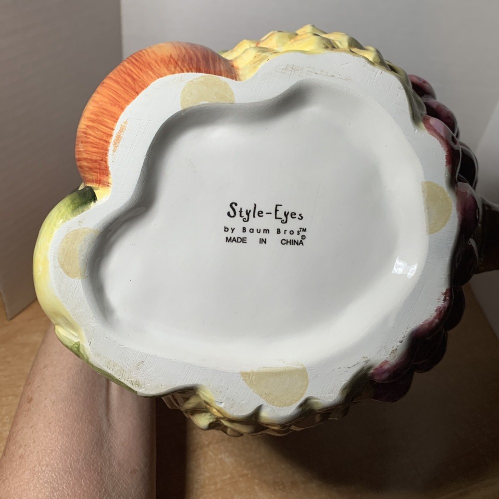 Baum Bros Style Eyes Raised Fruit Pitcher Pineapple Grapes, Apples 7"