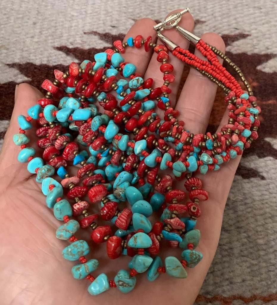 23" Multi-strands turquoise/coral nugget necklace//gorgeous!!(y402c-w3)