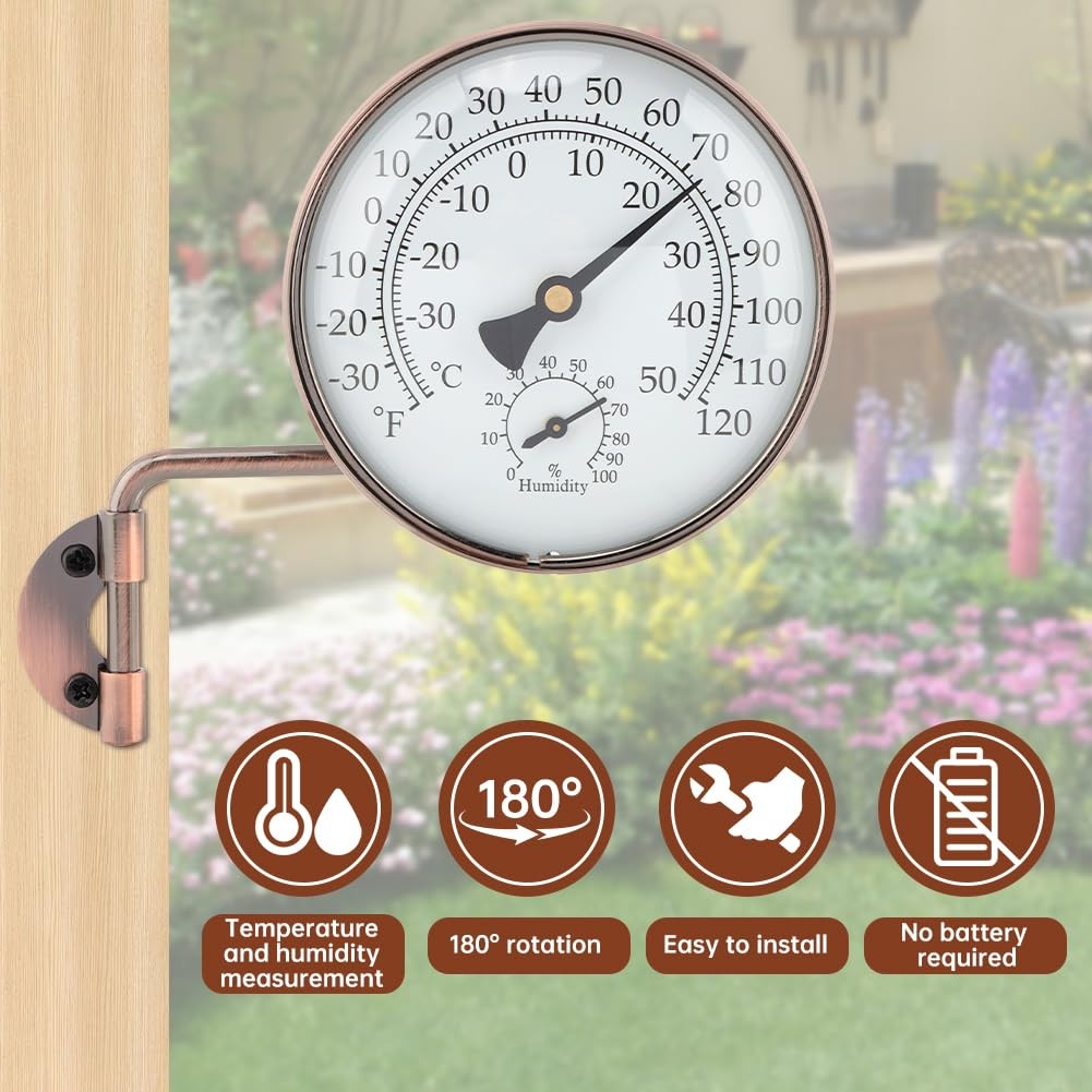4" Brass Outdoor Thermometer, Outside Decorative Weather Thermometer Hygrometer,