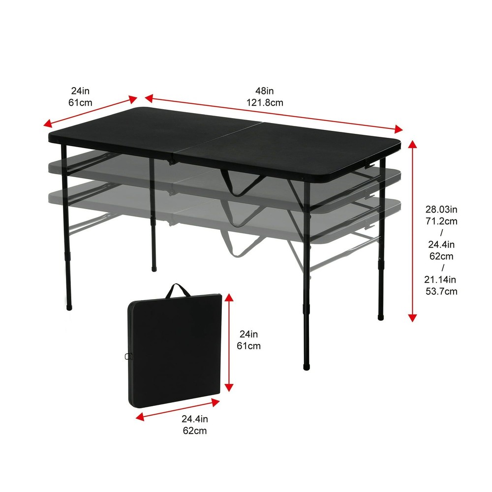 4 Foot Foldable Table Adjustable Height Portable Folding Table Black Finish