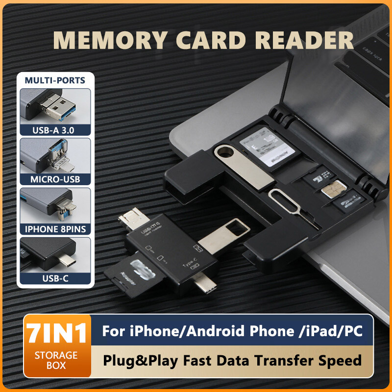 7-in-1 USB-C OTG Adapter SD TF Memory Card Reader Storage Box For iPhone Samsung