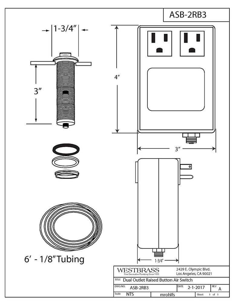 Westbrass ASB-2B3-50 Raised Button Disposal Air Switch Control Box, Bronze
