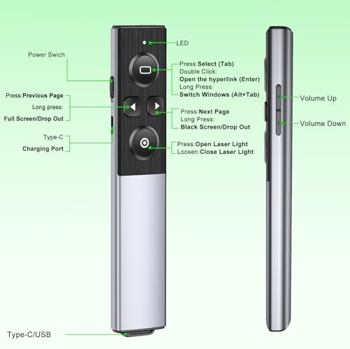 Wireless Presentation Clicker Remote for PowerPoint - USB Type C, Green Laser, M