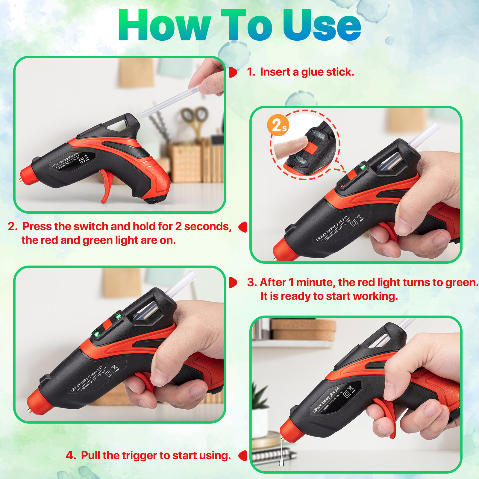 Rechargeable Cordless Fast Preheating Hot Glue Gun Kit with 30PCS Glue Sticks