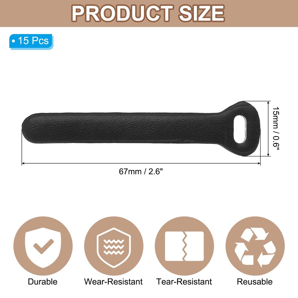 15 Pcs Leather Zipper Puller, 2.6" Zipper Sliders, Bright Black